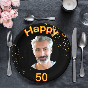 50th birthday party photo gold balloons black paper plates