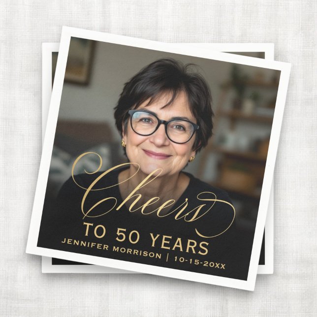 50th Birthday Party Photo Gold Script Cheers  Napkins (Creator Uploaded)