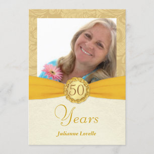 50th Birthday Party Photo Invitations-Gold Damask Invitation