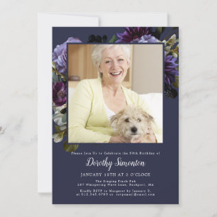 50th Birthday Party Photo Moody Purple Floral Invitation