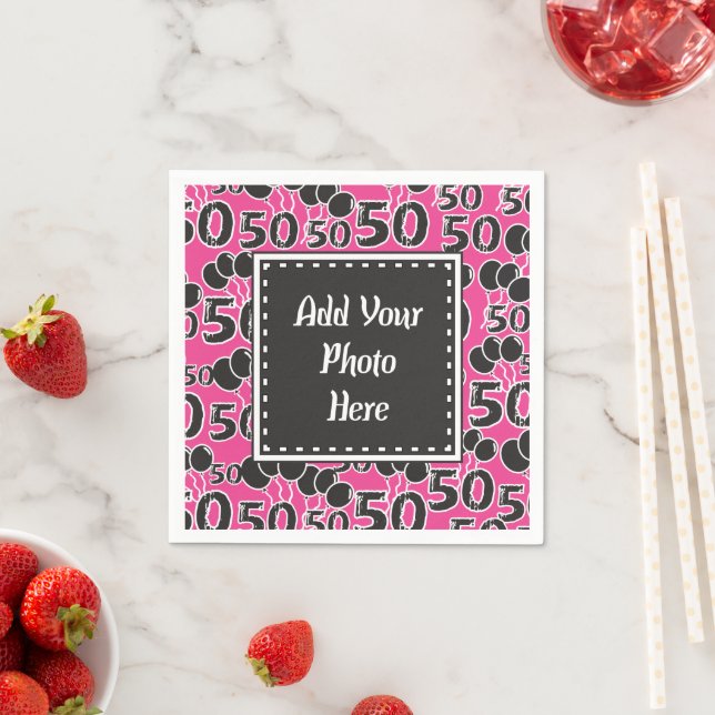 50th Birthday Party Photo Pink Black Balloons Paper Napkins (Insitu)