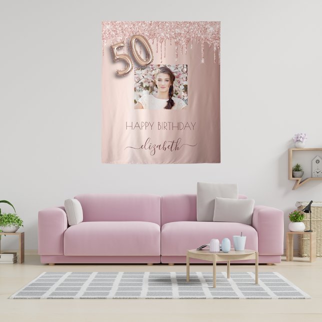 50th birthday party photo rose gold glitter pink tapestry (Creator Uploaded)