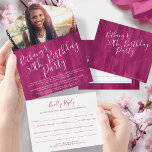 50th Birthday party photo ruby red All In One Invitation<br><div class="desc">50th birthday party with a tear-off RSVP in ruby pink red color painted wash and white. Typographic script text invitation reads Bethany's 50th Birthday Party. Simple modern contemporary design, personalize with your own venue, name and reply details, and your favorite photo of the birthday girl. This design requires no extra...</div>