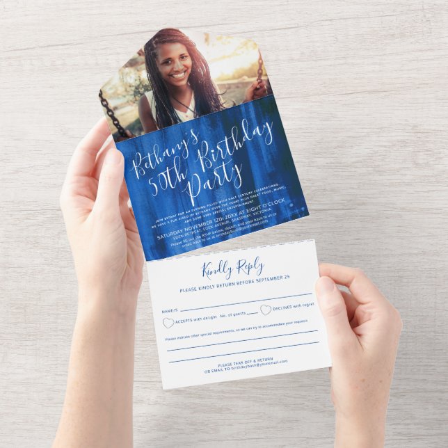 50th Birthday party photo sapphire blue All In One Invitation (Tearaway)