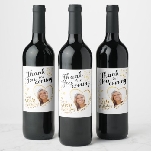 50th Birthday Party Photo White and Gold Thank You Wine Label