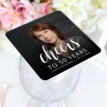 50th Birthday Party Photo White Cheers Square Paper Coaster<br><div class="desc">This custom 50th birthday paper coaster features the guest of honor's personalized photo,  name,  and birthday,  along with the word "Cheers" in elegant white calligraphy script. A dark screen helps make the text pop. A great way to celebrate someone who's turning fifty!</div>