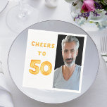 50th birthday party photo white gold napkins<br><div class="desc">A napkin for a 50th birthday party. Template for your photo.  White background and the tex: Cheers to 50.  The text is written with a trendy faux gold balloon script.</div>