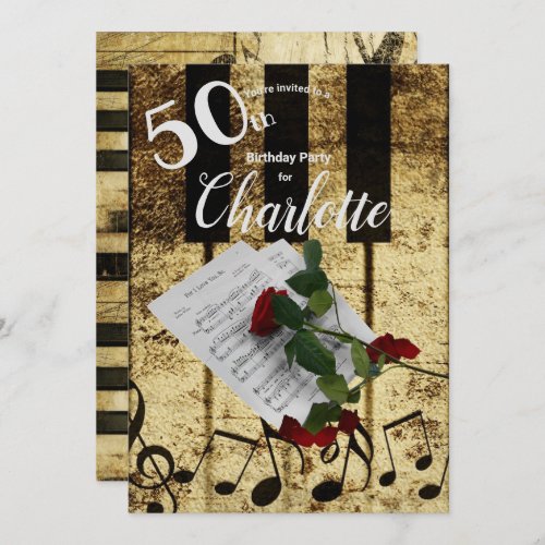 50th Birthday Party Piano Keys Sheet Music Rose In Invitation