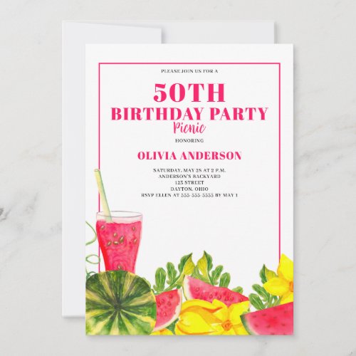 50th Birthday Party Picnic Pink Watermelon Invitation