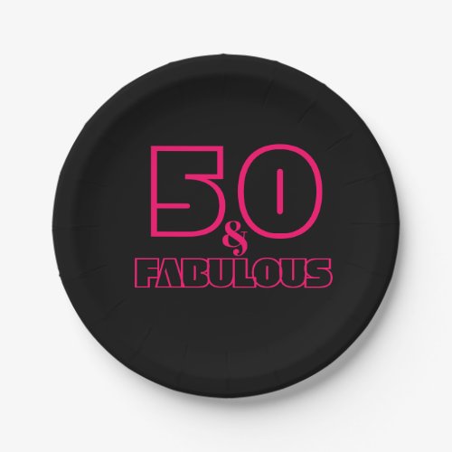 50th Birthday Party Pink and Black Retro Lettering Paper Plates