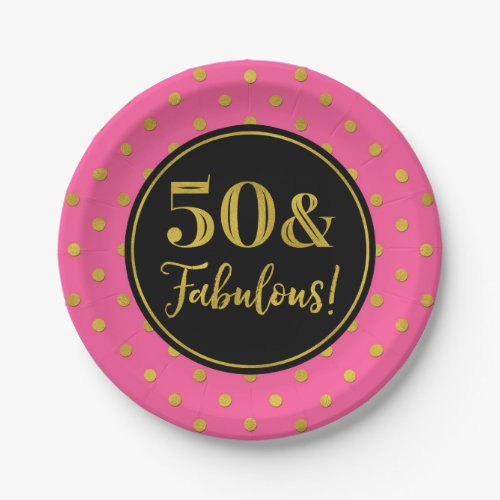 50th Birthday Party Pink Black Gold Dots Paper Plates