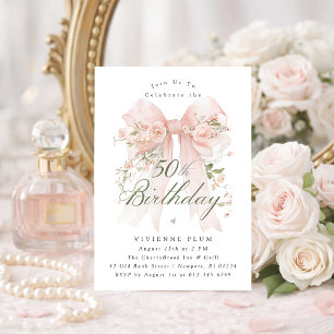 50th Birthday Party Pink Coquette Bow Rose Floral Invitation