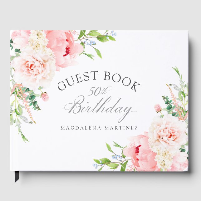 50th Birthday Party Pink Floral Custom Guest Book (Front)