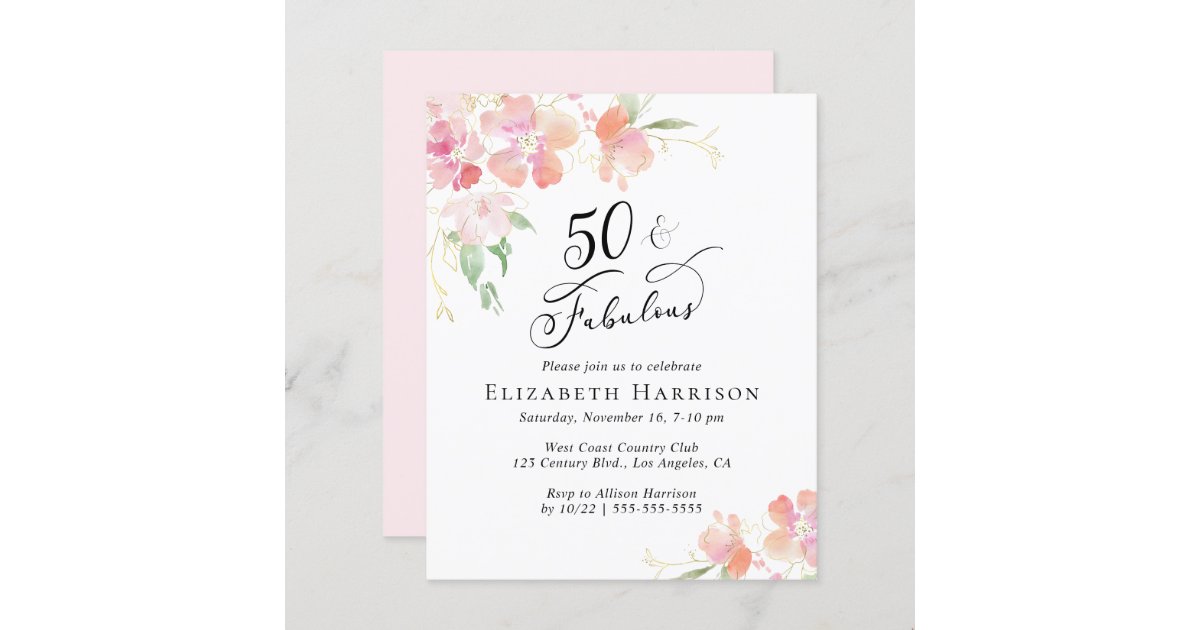 50th Birthday Party Pink Floral Invitation | Zazzle