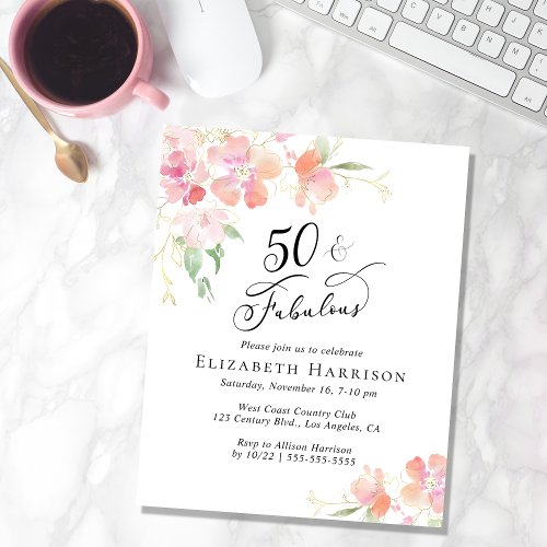 50th Birthday Party Pink Floral Invitation