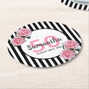 50th birthday party pink florals black stripes round paper coaster