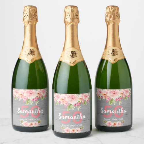 50th birthday party pink florals rustic wood name sparkling wine label