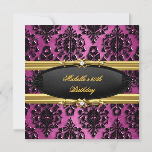 50th Birthday Party Pink Gold Damask Black Diamond Invitation