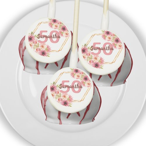 50th birthday party pink gold floral geometric cake pops