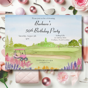 50th Birthday Party Pink Golf Cart Golf Course Invitation