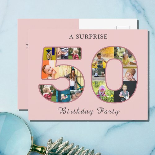 50th Birthday Party Pink Invitation Photo Collage Postcard