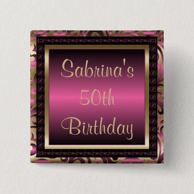 50th Birthday Party | Pink Metallic & Gold Button (Front)
