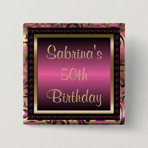 50th Birthday Party   Pink Metallic & Gold Button