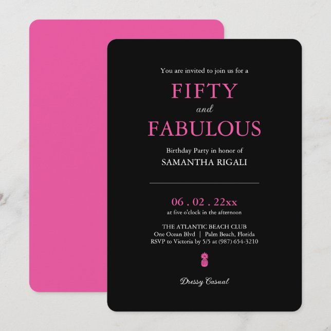 50th Birthday Party Pink Modern Typography Invitation (Front/Back)