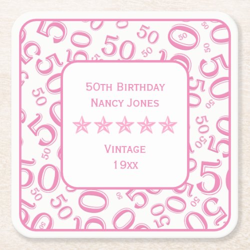 50th Birthday Party Pink Number Pattern Square Paper Coaster