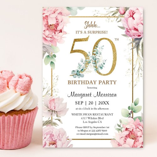 50th Birthday Party Pink Peony Elegant Floral Invitation