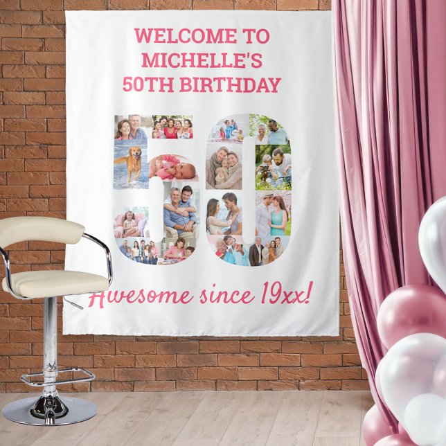 50th Birthday Party Pink Photo Collage Backdrop (Creator Uploaded)
