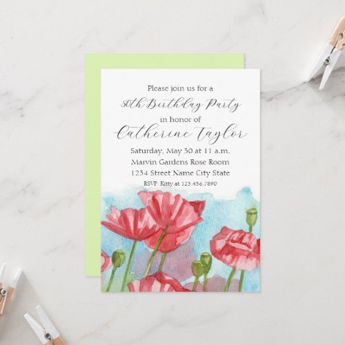 50th Birthday Party Pink Poppies Wildflowers Invitation