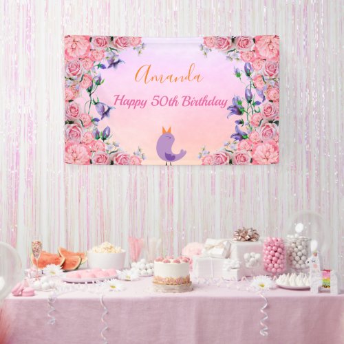 50th birthday party pink purple floral bird banner