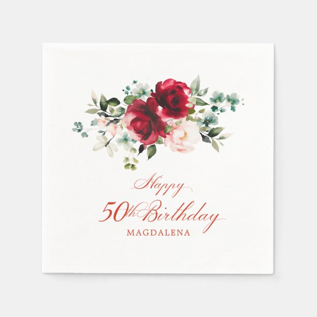 50th Birthday Party Pink Red Floral Custom Napkins (Front)