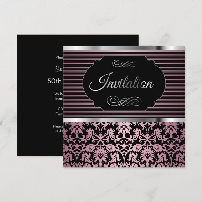 50th Birthday Party | Pink, Silver & Black Damask Invitation (Front/Back)