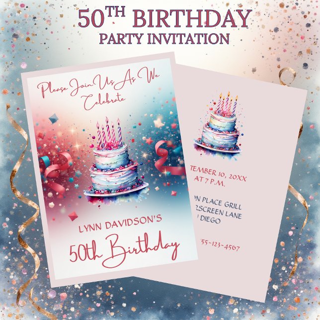 50th Birthday Party Pink Watercolor Invitation (50th Birthday Party Invitation Pink Watercolors)
