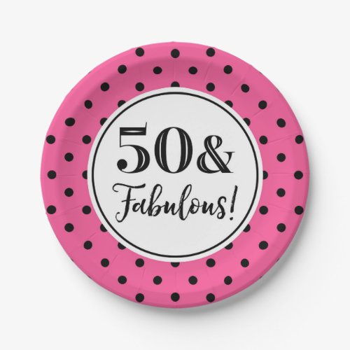 50th Birthday Party Pink White Black Dots Paper Plates
