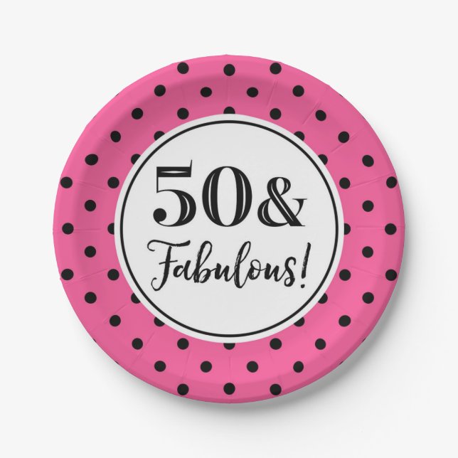 50th Birthday Party Pink White Black Dots Paper Plates (Front)