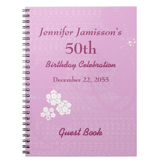 50th Birthday Party Pink, White Floral Minimalist Notebook (Front)