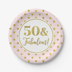 50th Birthday Party Pink White Gold Dots Paper Pla Plates