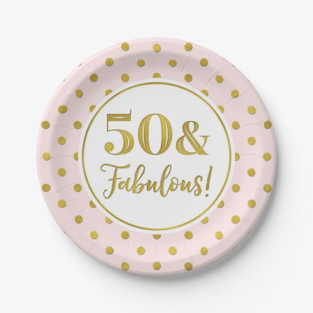 50th Birthday Party Pink White Gold Dots Paper Pla Plates (Front)