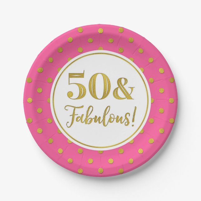 50th Birthday Party Pink White Gold Dots Paper Plates (Front)