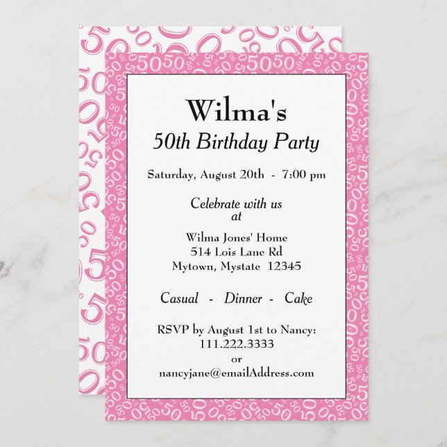 50th Birthday Party Pink/White Number Pattern Invitation (Front/Back)