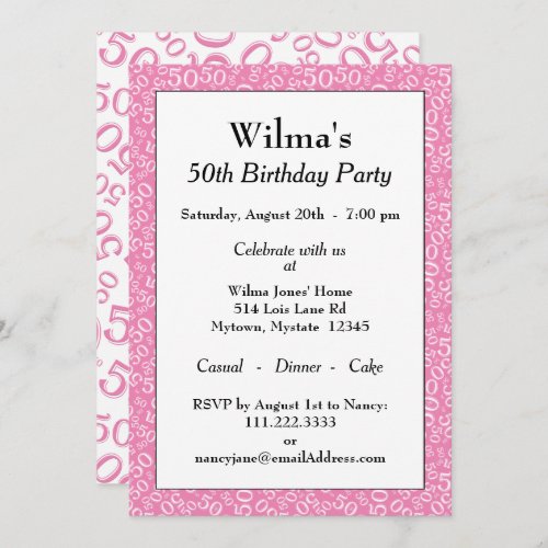 50th Birthday Party PinkWhite Number Pattern Invitation