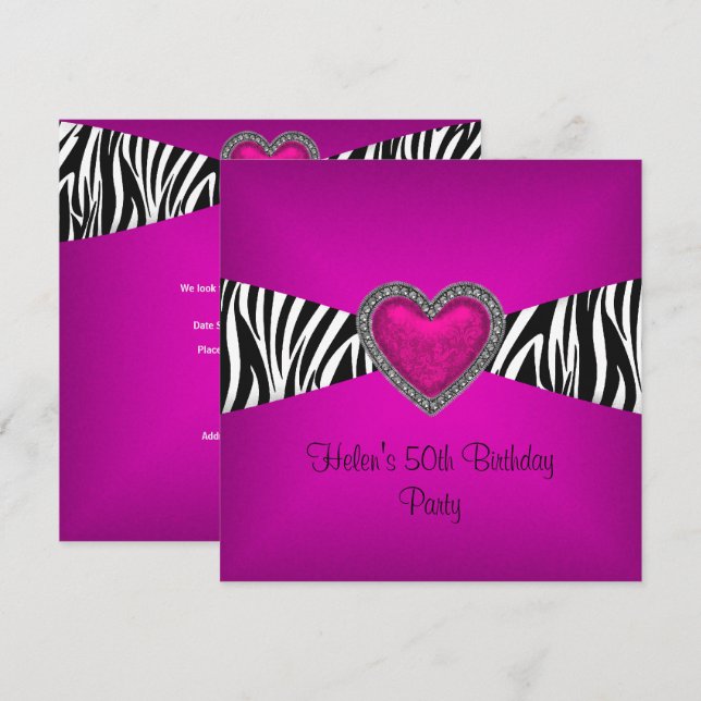 50th Birthday Party Pink Zebra Heart Black White Invitation (Front/Back)