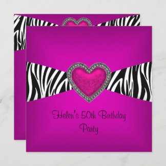 50th Birthday Party Pink Zebra Heart Black White Invitation
