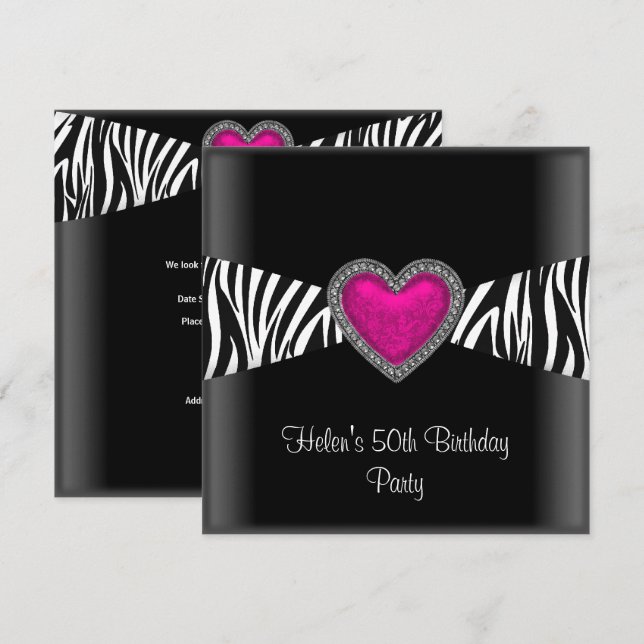 50th Birthday Party Pink Zebra Heart Black White Invitation (Front/Back)
