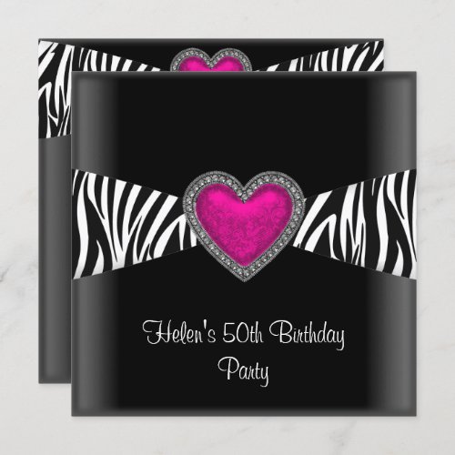 50th Birthday Party Pink Zebra Heart Black White Invitation