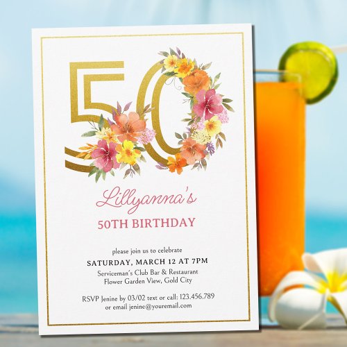 50th Birthday Party Pretty Floral Gold Number 50 Invitation
