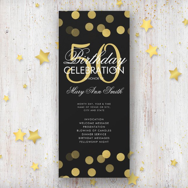 50th Birthday Party Program Gold Confetti w/ Menu (Creator Uploaded)